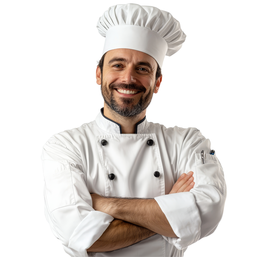 A friendly chef smiles with arms crossed, showcasing his professional attire against a light background, chef portrait, friendly smiling arms crossed, transparent background png