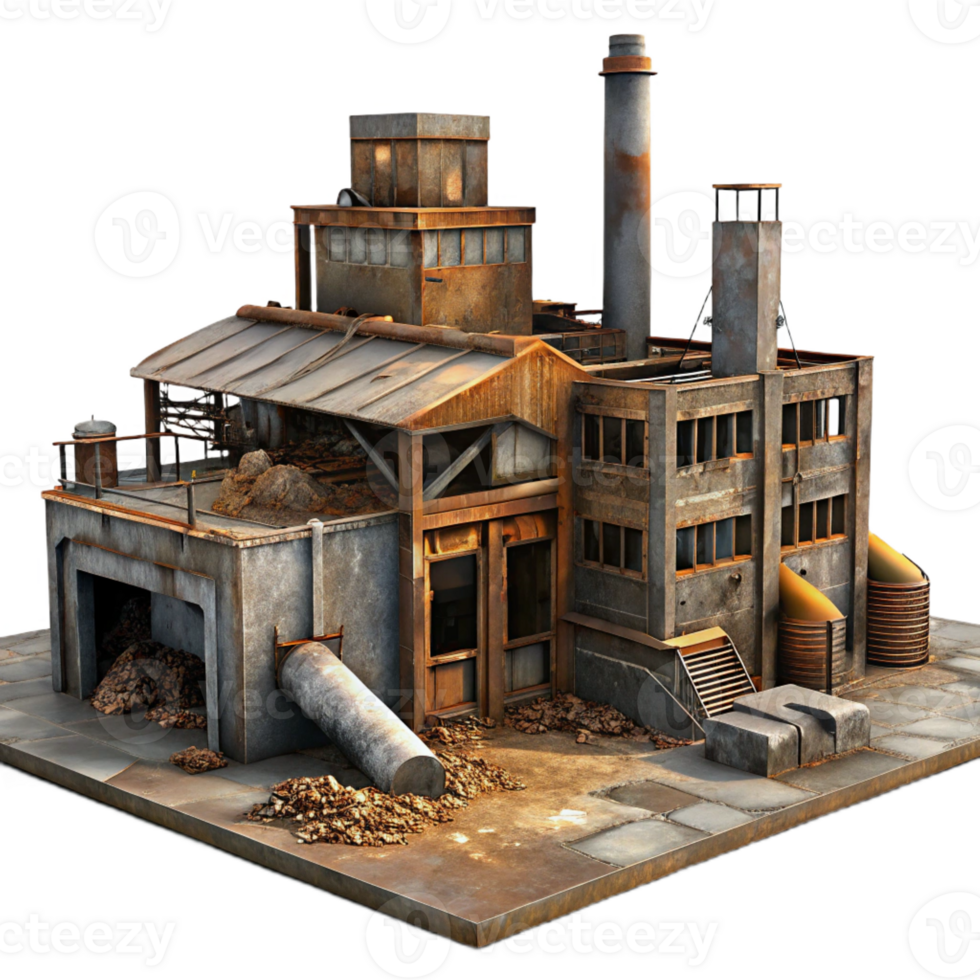 serene classic An abandoned industrial complex, rusting metal and broken concrete, dim lighting, dystopian atmosphere high resolution png