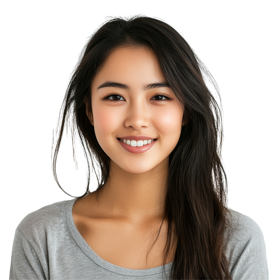 A joyful Asian girl smiling warmly at the camera in a bright indoor setting during daytime, Happy beautiful Asian girl looking at camera and smiling isolated on transparent background png