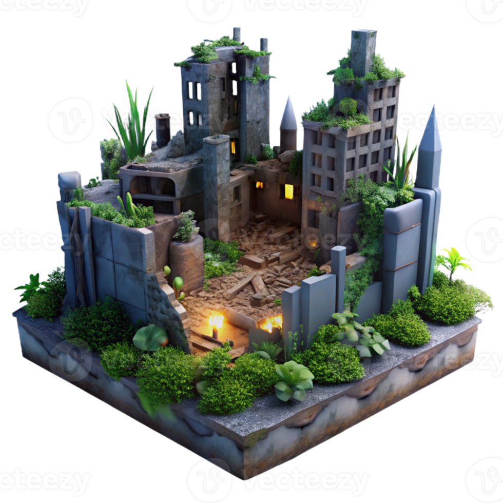 impressive artistic A post-apocalyptic ruined city, overgrown with vegetation, dim twilight lighting, desolate and haunting style detailed png