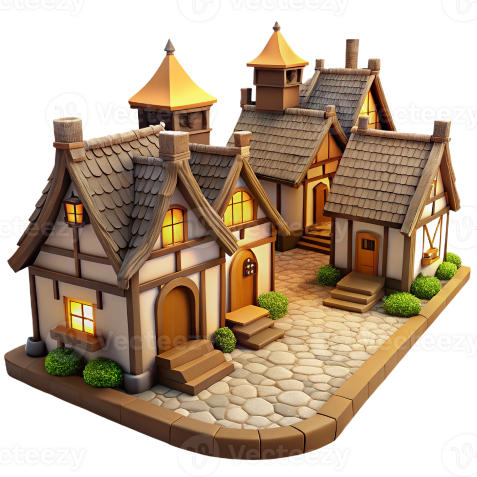 beautiful modern A medieval village with thatched roof cottages and cobblestone streets, warm sunlight, quaint and charming professional png