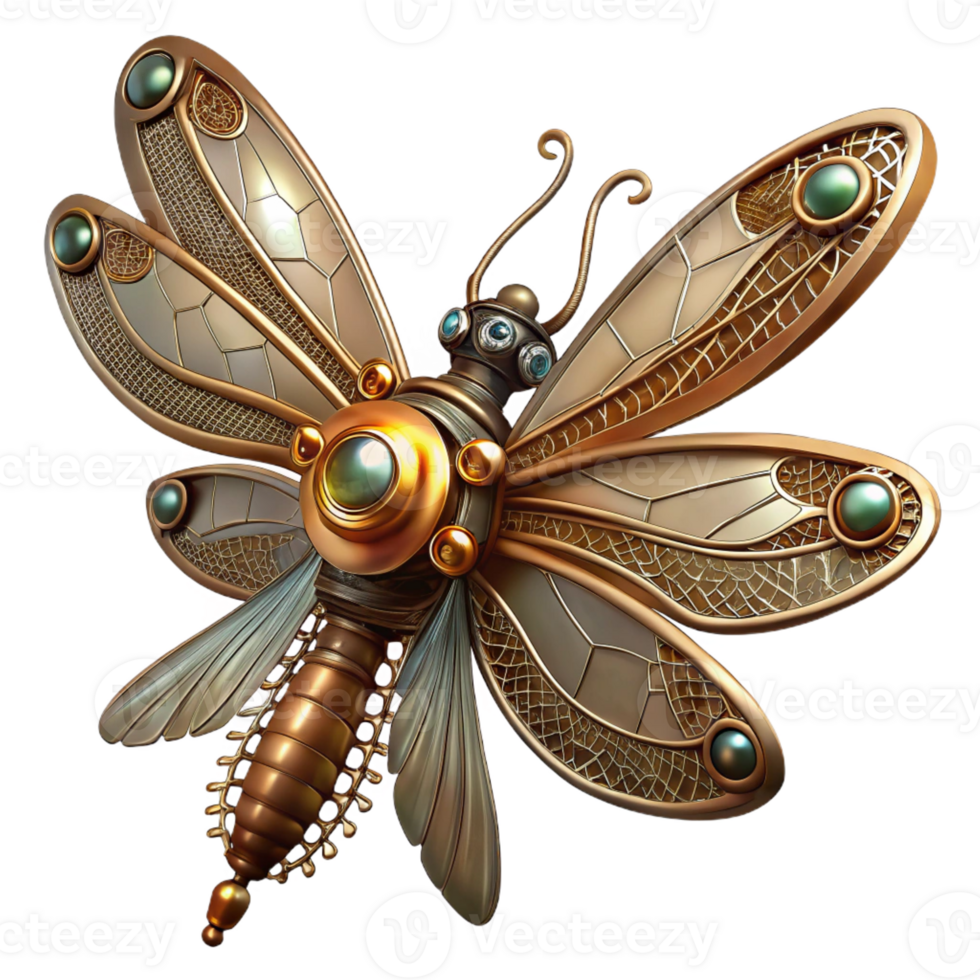 wonderful contemporary A steampunk dragonfly with delicate, filigree wings made of gears and cogs, hovering in mid-air, illuminated by a single spotlight professional png