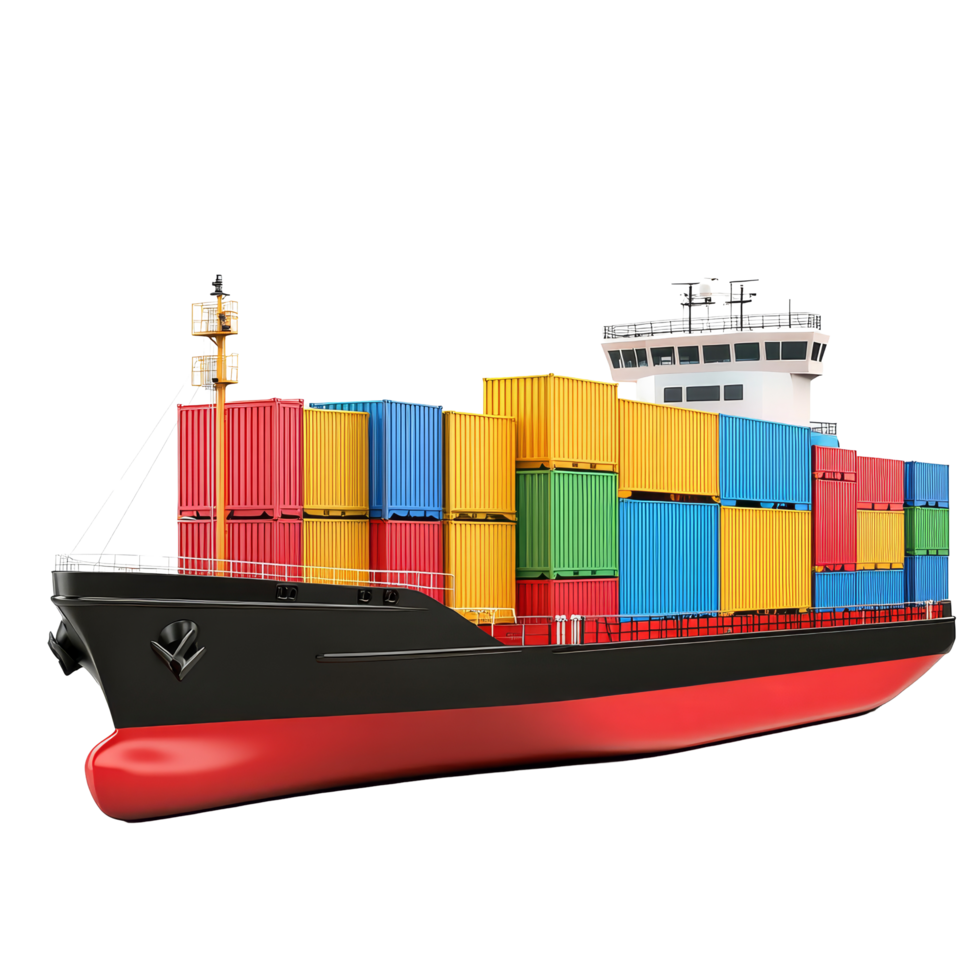 Cargo ship transporting colorful containers set against a transparent background for shipping and logistics purposes, cargo ship transport containers on transparent background png