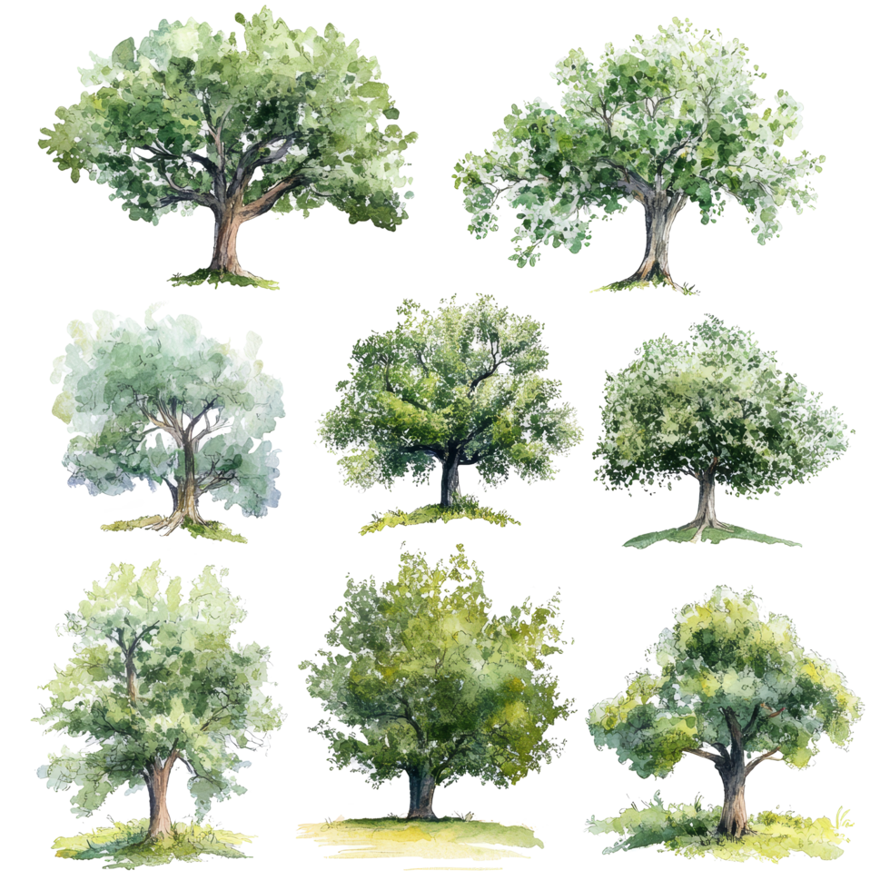 Watercolor collection of oak trees on a transparent background showcasing various shades and styles of foliage, 3D icon of a cute tree in birght green color isolated transparent background png