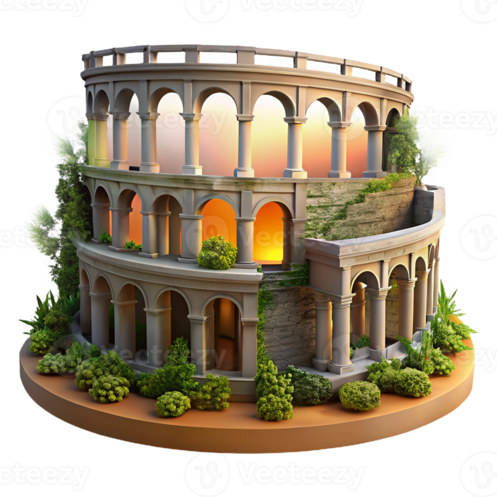 dramatic rustic Ruined Roman amphitheater, overgrown with vegetation, dramatic sunset, ancient history, 4K png