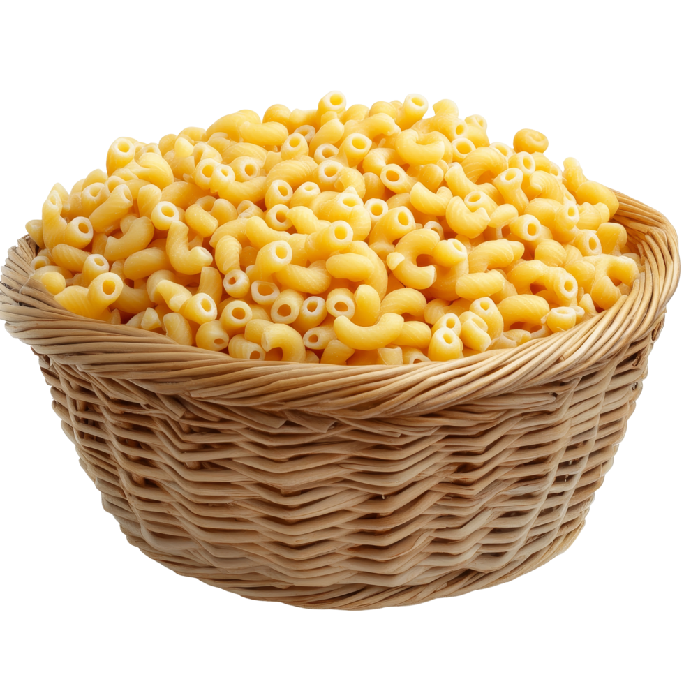 Dry macaroni pasta in a woven basket against a clean transparent background ready for cooking or culinary projects, dry macaroni in the basket on transparent background png