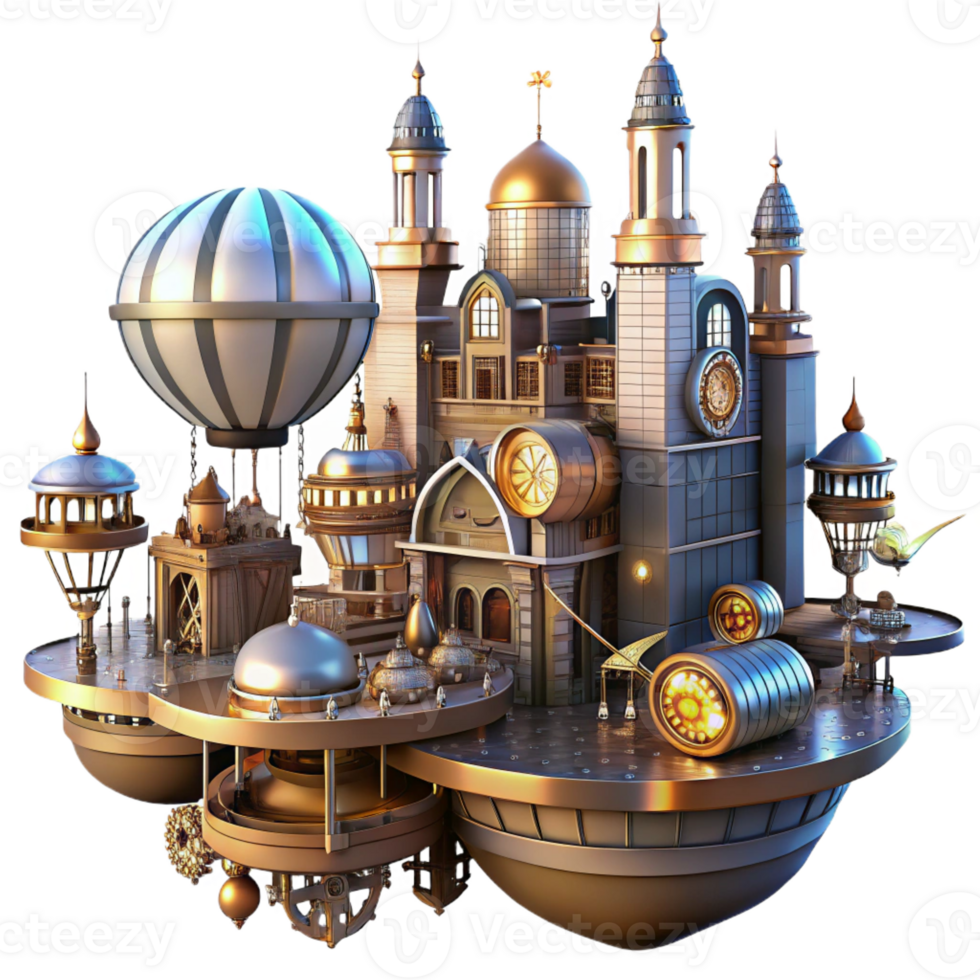 wonderful vintage A steampunk cityscape with flying machines and intricate architecture, cogs and gears visible, illuminated by a vibrant, futuristic light 4K png
