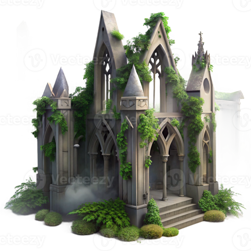 dramatic abstract A crumbling Gothic cathedral overgrown with ivy, volumetric fog, moonlight, desaturated colours, photorealistic high quality png
