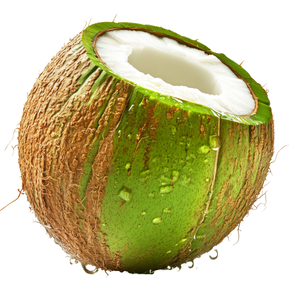 Fresh green coconut with water droplets on transparent background highlighting natures tropical fruit, green coconut with water drop isolated on transparent background png