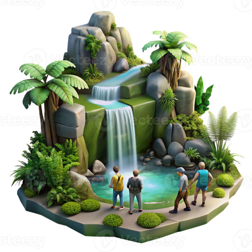 dramatic artistic A group of adventurers discovering a hidden waterfall in a lush jungle, dappled lighting, digital painting original png