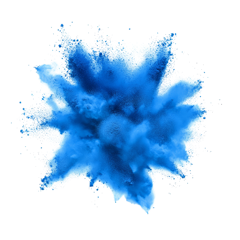 Blue powder explosion creating vibrant clouds on a transparent backdrop, blue color powder pulver explosion isolated on transparent background png