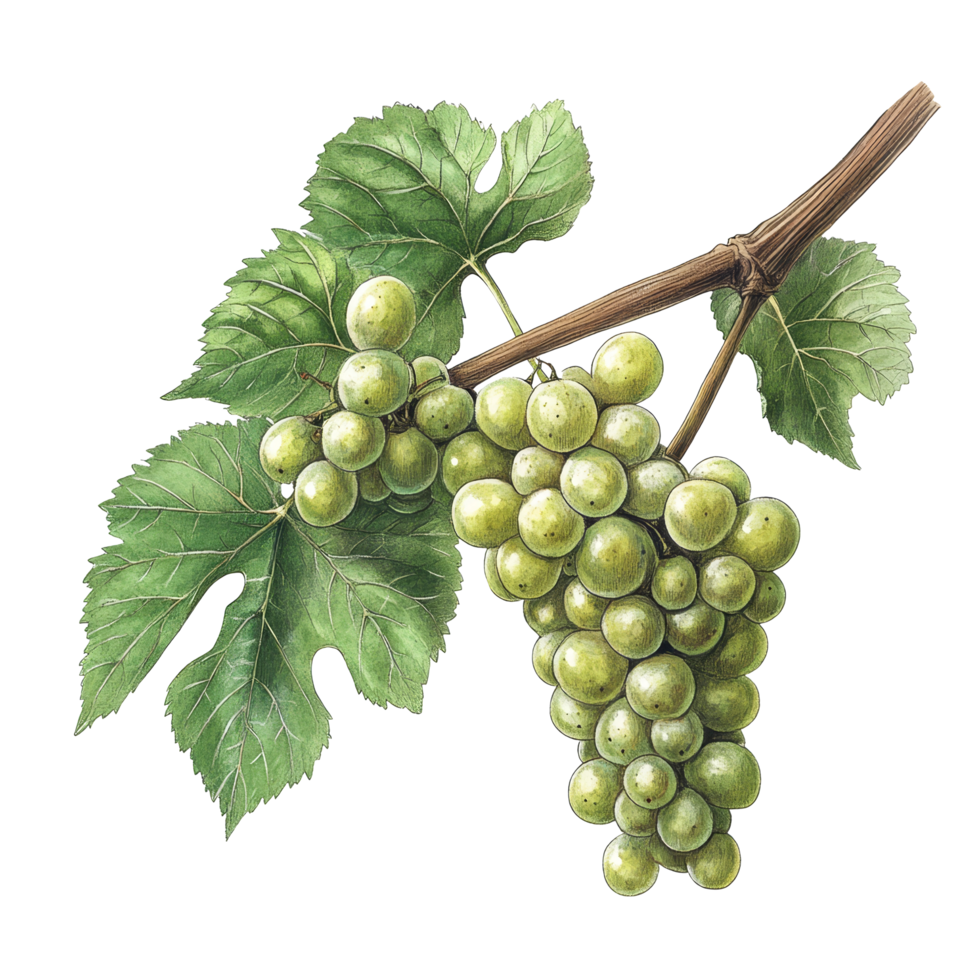 Botanical illustration of a green grape bunch with leaves on a transparent background, showcasing natural beauty and detail, Green Grape Bunch Botanical Illustation on transparent background png