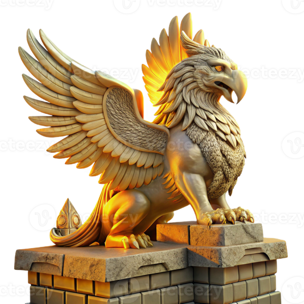 stunning creative A majestic griffin perched atop a crumbling ziggurat bathed in golden sunset light, intricate carvings visible on its feathers and the stone, Art Nouveau style 4K png