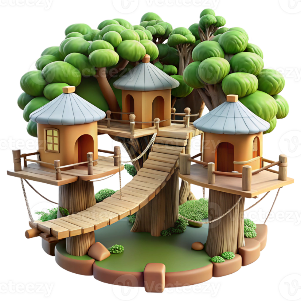 stunning modern A treehouse village interconnected by rope bridges, dappled forest light, whimsical and adventurous style high resolution png