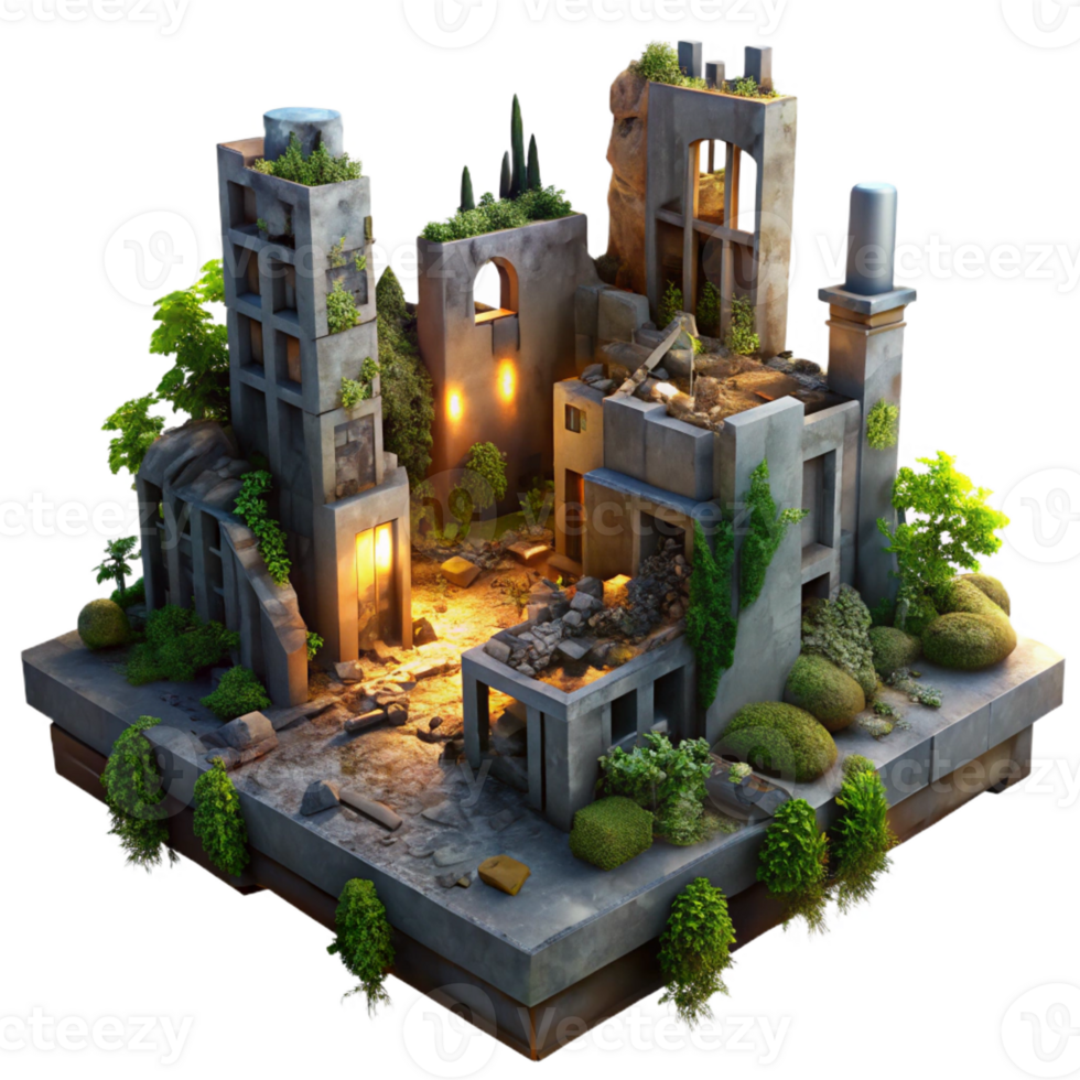 stunning vintage A post-apocalyptic ruined city, overgrown with vegetation, dim twilight lighting, desolate and haunting style high resolution png