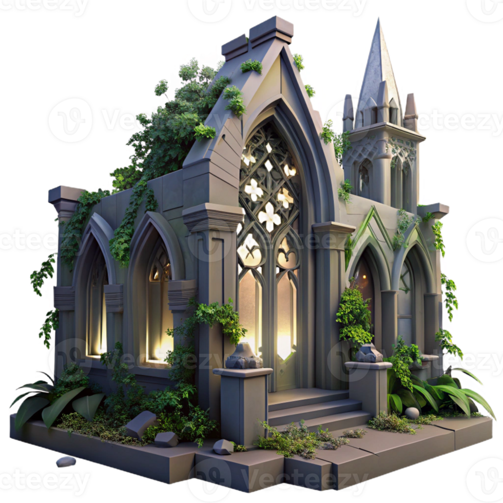 dramatic minimalist A crumbling Gothic cathedral, overgrown with ivy, moonlight illuminating stained glass fragments, ethereal and melancholic style original png