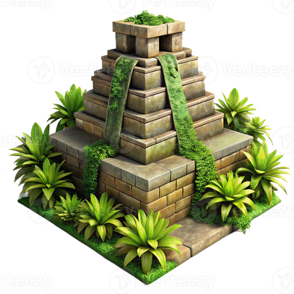 serene contemporary A Mayan pyramid overgrown with jungle vegetation, dappled sunlight, ancient style, weathered textures, 4K png