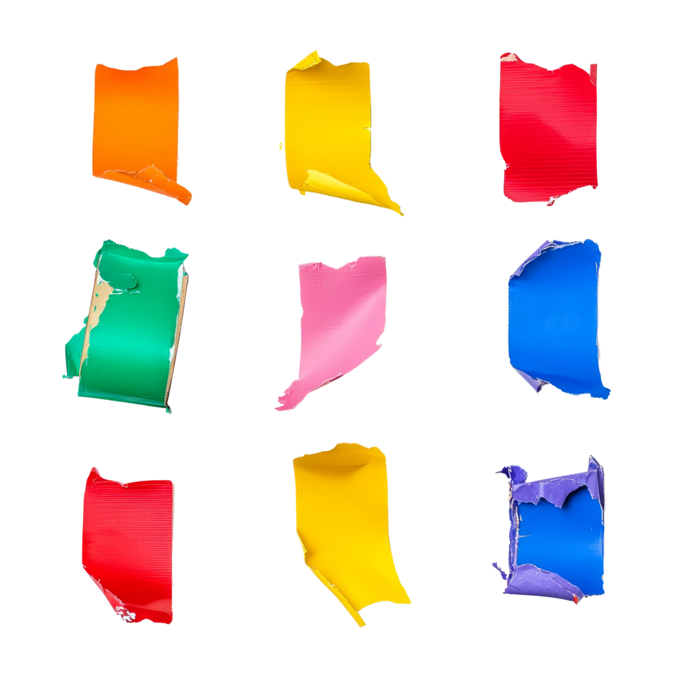 Colorful torn pieces of tape arranged in a grid on a transparent background highlight creative possibilities, Different colors of torn tape on a transparent background png