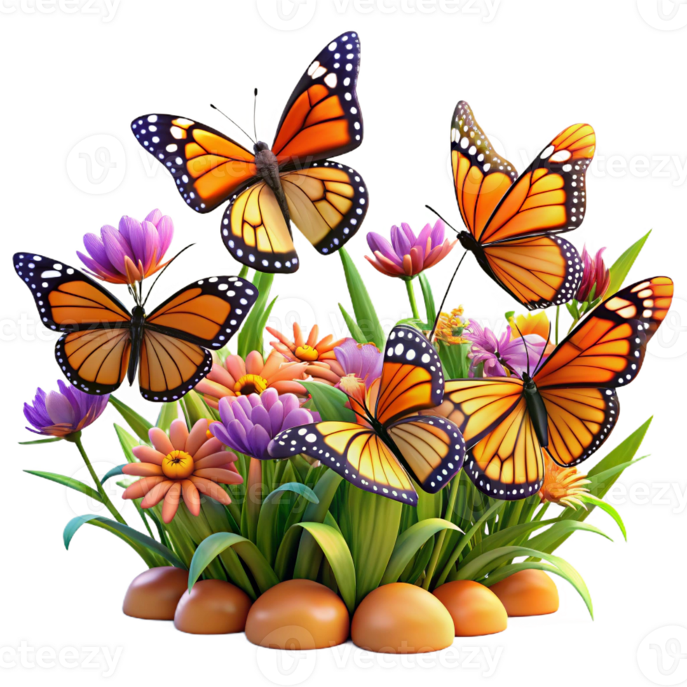 extraordinary minimalist A swarm of monarch butterflies migrating through a sun-drenched field of wildflowers, in a vibrant, dynamic style original png