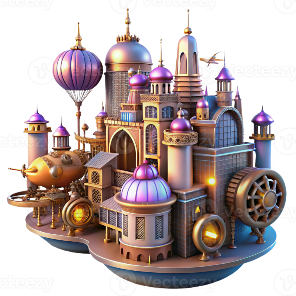 beautiful minimalist A steampunk cityscape with flying machines and intricate architecture, cogs and gears visible, illuminated by a vibrant, futuristic light authentic png