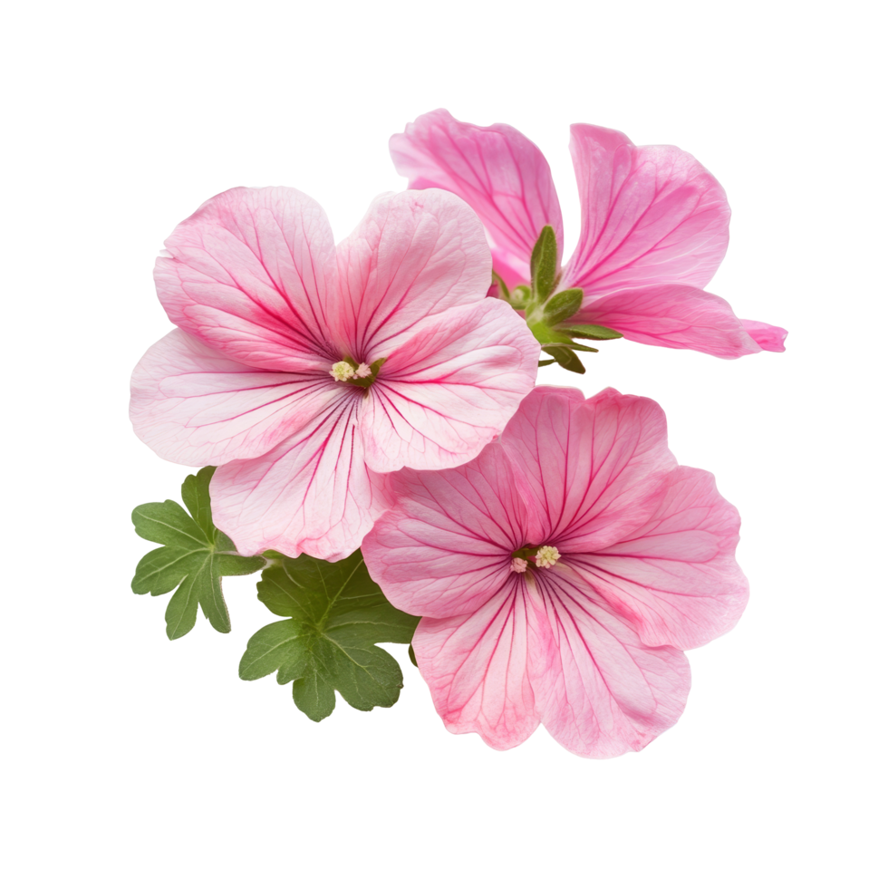 Pink geranium flowers with delicate petals and green leaves isolated on a transparent background for a fresh and vibrant look, geraniums flowers isolated on transparent background cutout png