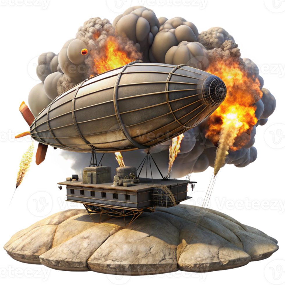 dramatic artistic A steampunk airship battle over a desolate wasteland, explosions and smoke filling the air, dramatic, fiery lighting detailed png