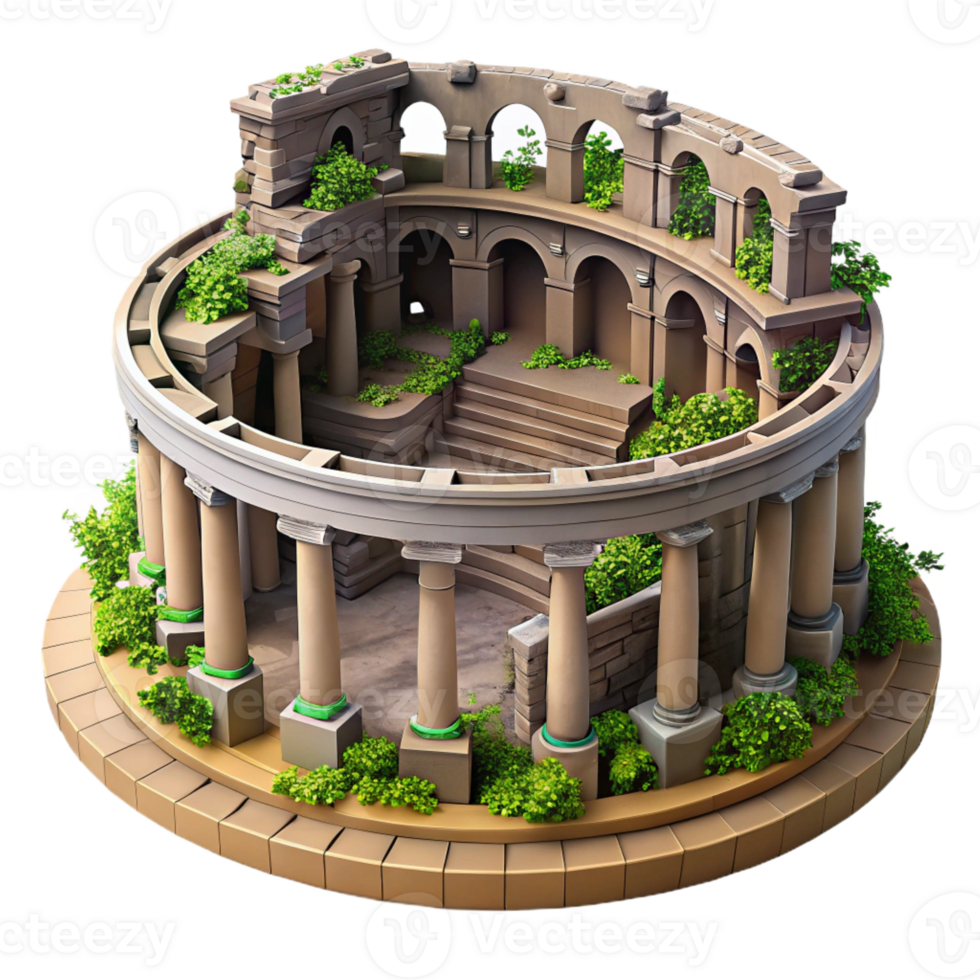 magnificent creative An ancient Roman amphitheater, crumbling ruins, overgrown with vegetation, historical setting, detailed png