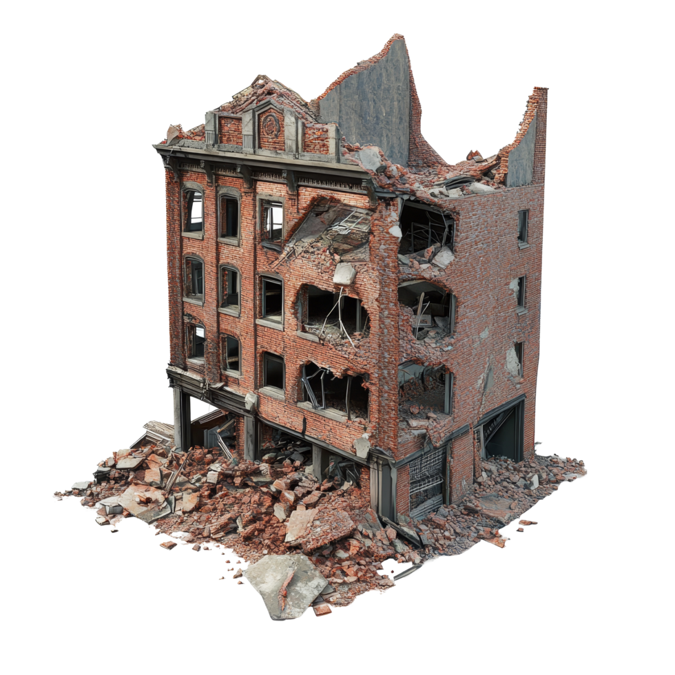 A destroyed building with debris on a transparent background showcasing structural damage and decay in an urban environment, Destroyed building on transparent background png