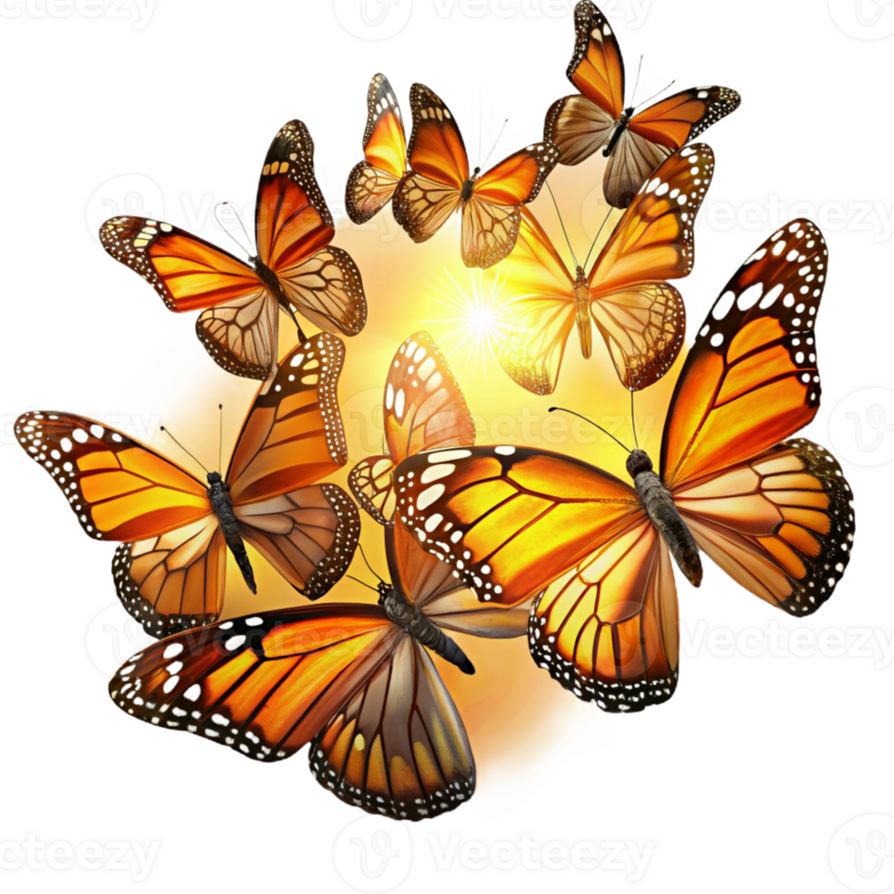 magnificent artistic A swarm of monarch butterflies migrating through a sunbeam, vibrant colors, impressionist style exclusive png