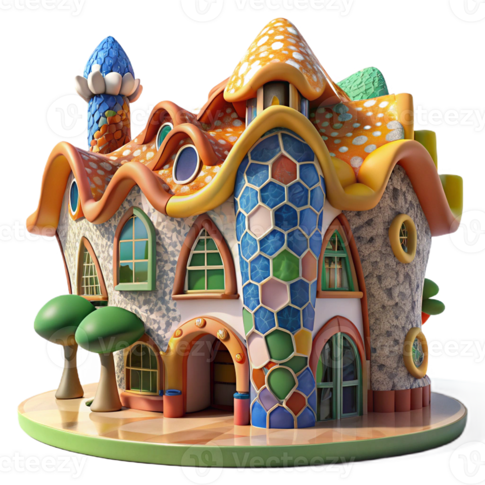 vibrant modern A Gaudi-inspired house made of colorful mosaics and organic shapes, bright sunlight, whimsical, detailed textures, detailed png