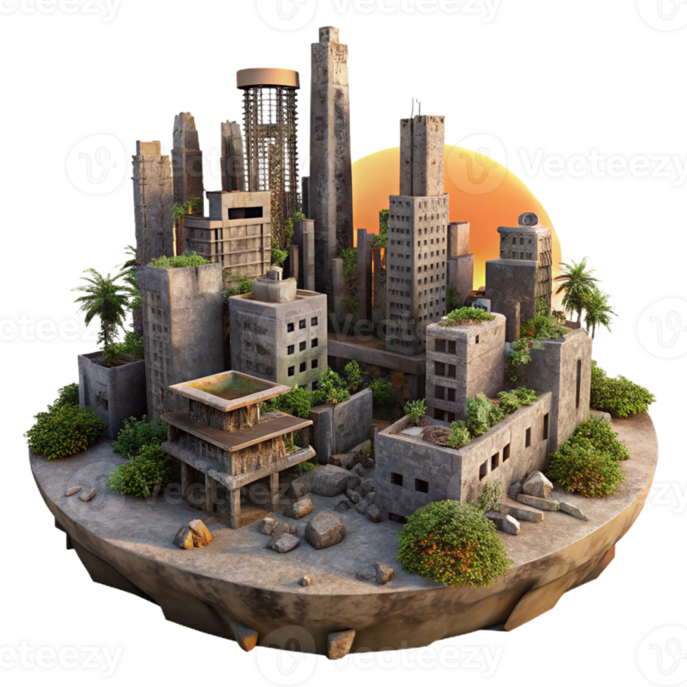 beautiful traditional Post-apocalyptic cityscape, ruined buildings, overgrown with vegetation, dusty sunset, desolate, high resolution png