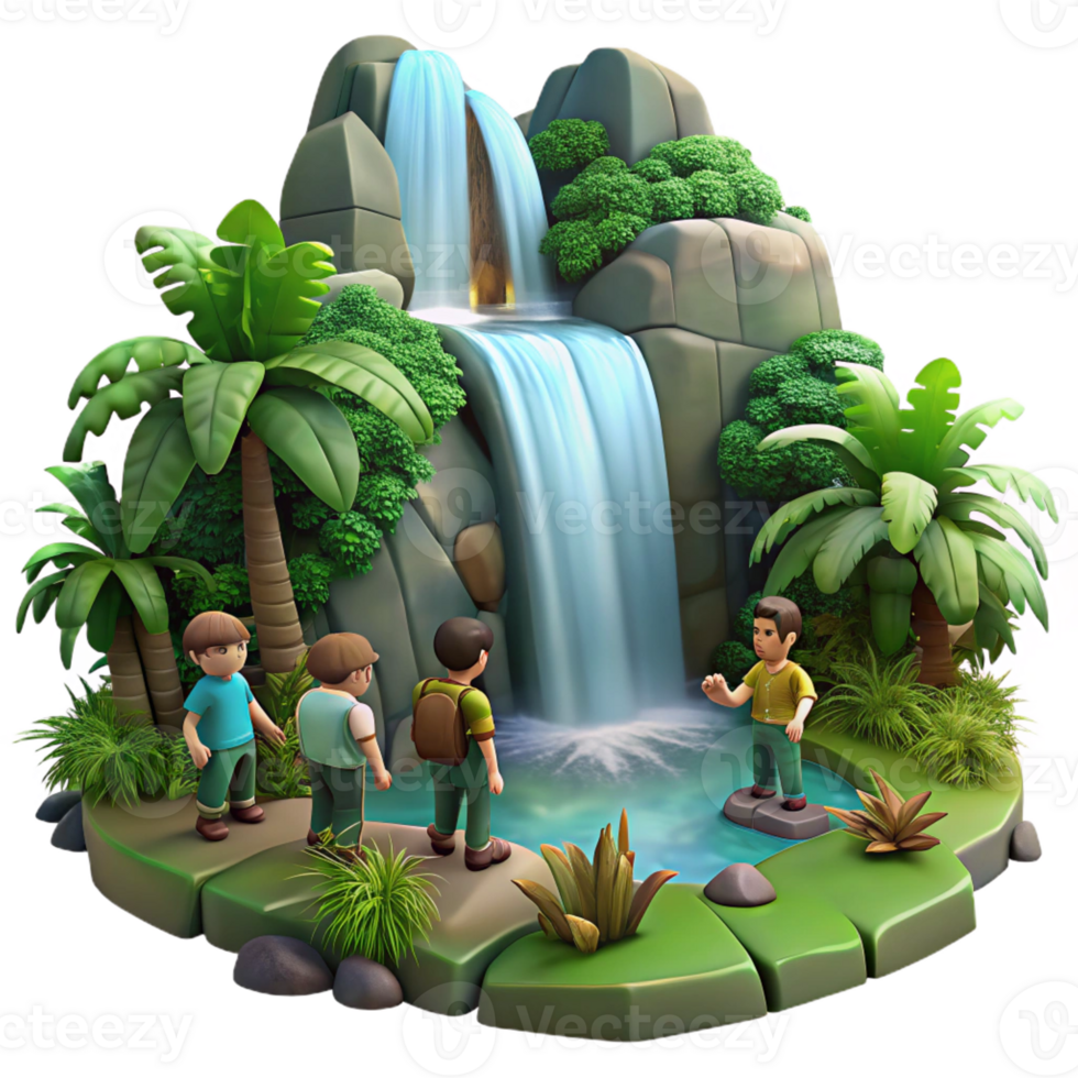 impressive modern A group of adventurers discovering a hidden waterfall in a lush jungle, dappled lighting, digital painting exclusive png