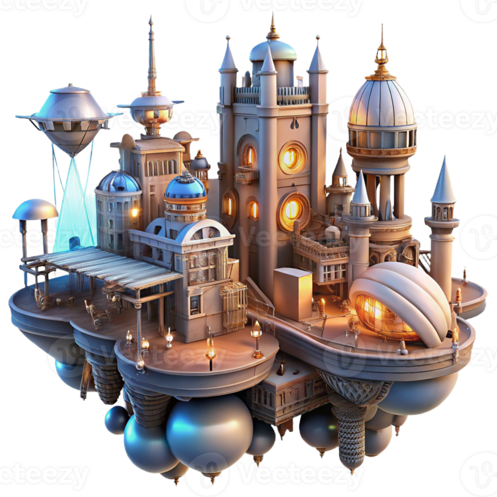 serene vintage A steampunk cityscape with flying machines and intricate architecture, cogs and gears visible, illuminated by a vibrant, futuristic light detailed png