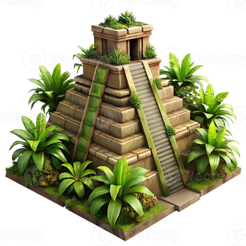 magnificent creative An ancient Mayan pyramid overgrown with jungle vegetation, dappled sunlight, mysterious, hyperrealistic, genuine png