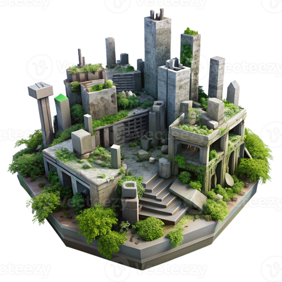 wonderful modern A post-apocalyptic city in ruins, overgrown with vegetation, dim lighting, dystopian style, muted colors, genuine png