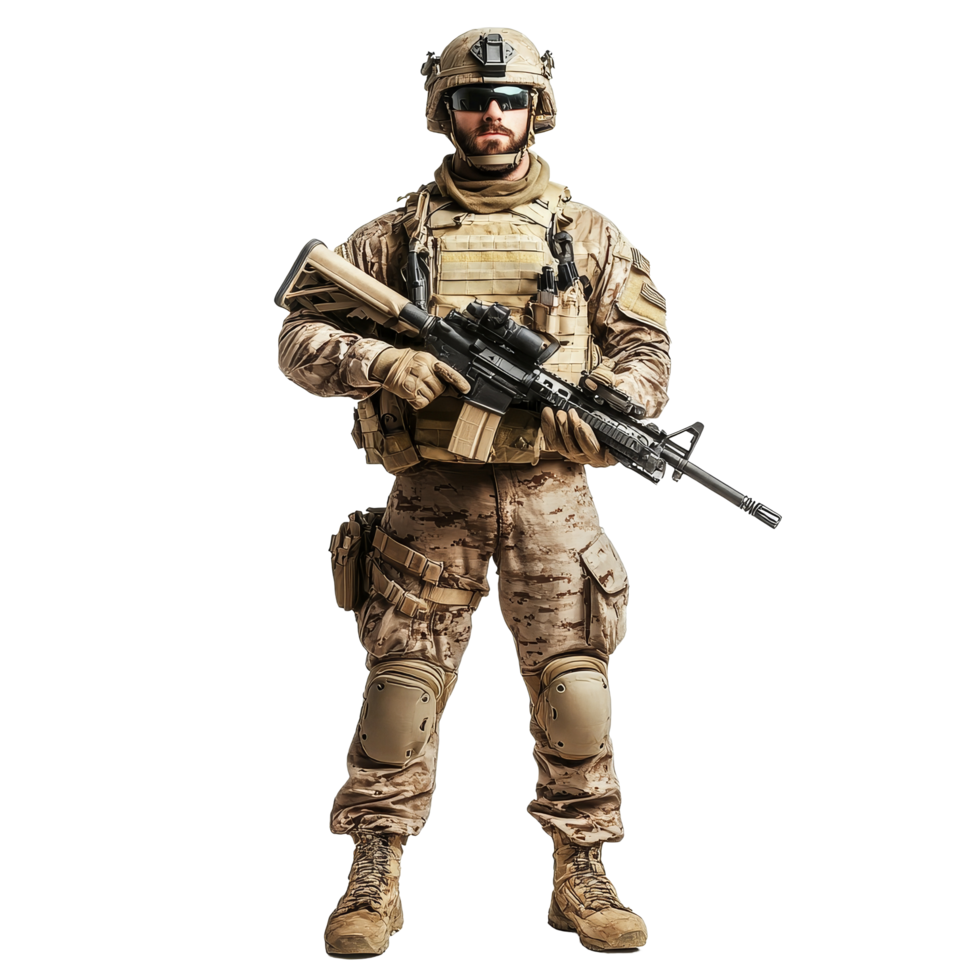 Fully geared soldier stands at attention with rifle in hand against a plain transparent background, Fully Geared Soldier Holding Rifle on transparent background png