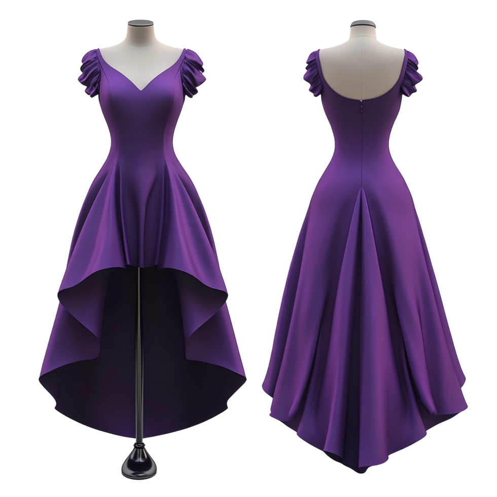 Elegant purple cocktail dress mockup featuring a stylish front view and modern design elements for formal occasions, Elegant Purple Cocktail Dress Mockup from Front and Back Views on transparent png
