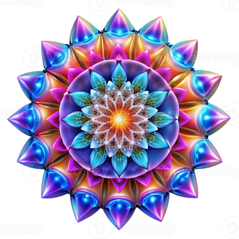 wonderful contemporary A kaleidoscope of vibrant, symmetrical patterns, illuminated by a bright, multicolored light, psychedelic style professional png
