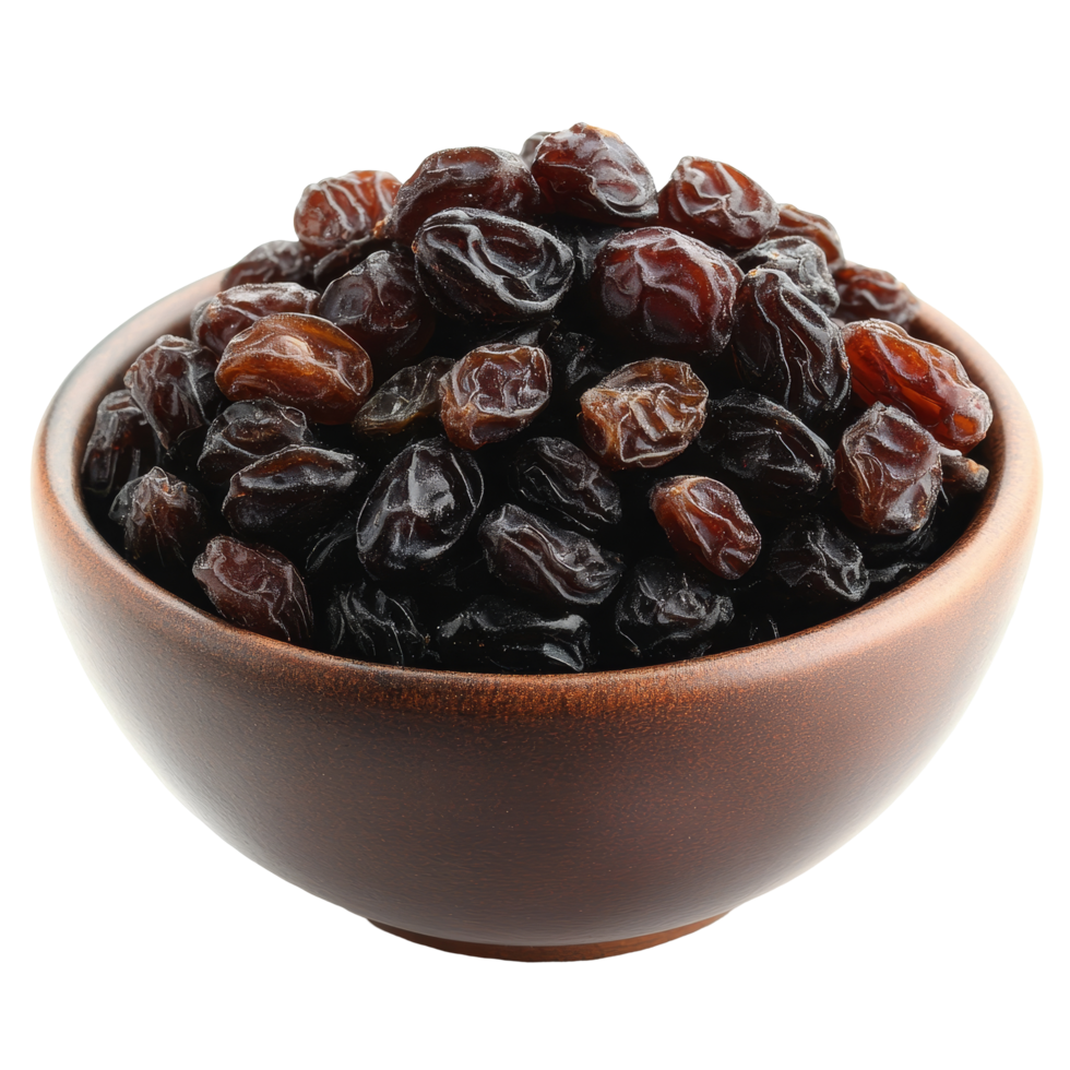A bowl of raisins isolated on a transparent background highlighting their rich color and texture, Bowl of raisin isolated png