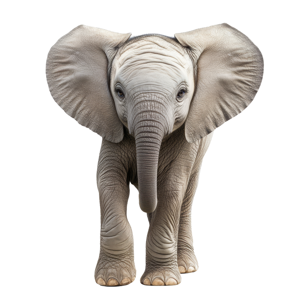 A cute little elephant standing alone against a transparent background showcasing its adorable features and playful nature, cute little elephant isolated on transparent background png