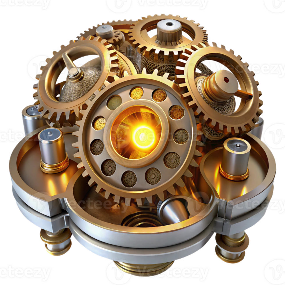 dramatic artistic A complex steampunk clockwork mechanism, gears turning, intricate details, illuminated by a bright, white light genuine png