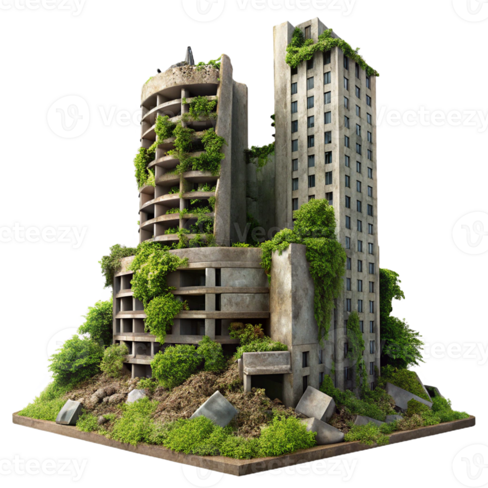 impressive abstract Post-apocalyptic ruins of a skyscraper, overgrown with vegetation, muted sunlight, desolate atmosphere, hyperrealistic, matte painting, detailed png