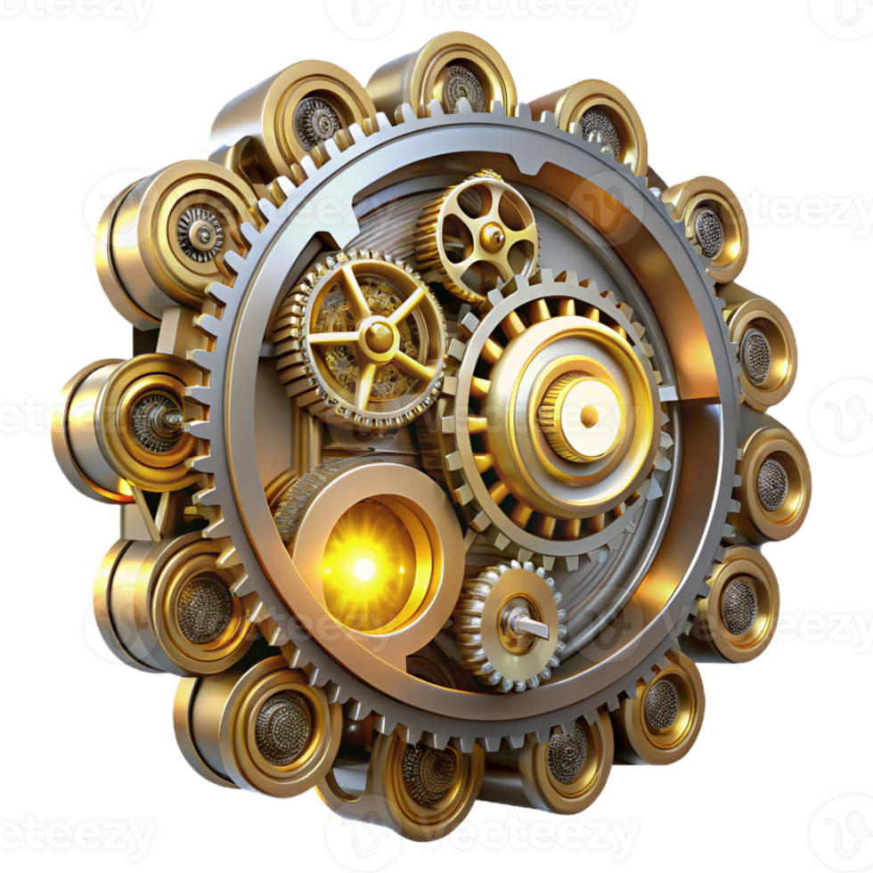 extraordinary vintage A complex steampunk clockwork mechanism, gears turning, intricate details, illuminated by a bright, white light premium png