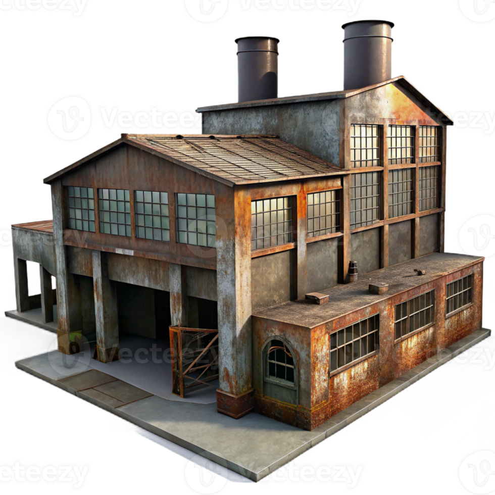 impressive vintage Abandoned factory, rusted metal, broken windows, dimly lit interior, urban decay theme, gritty realism, professional png