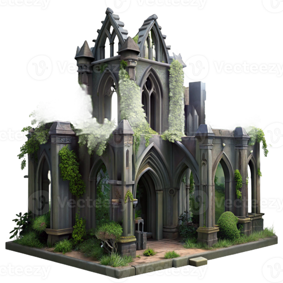 extraordinary artistic A crumbling Gothic cathedral overgrown with vines, volumetric lighting, eerie atmosphere, hyperrealistic, dark fantasy style, genuine png