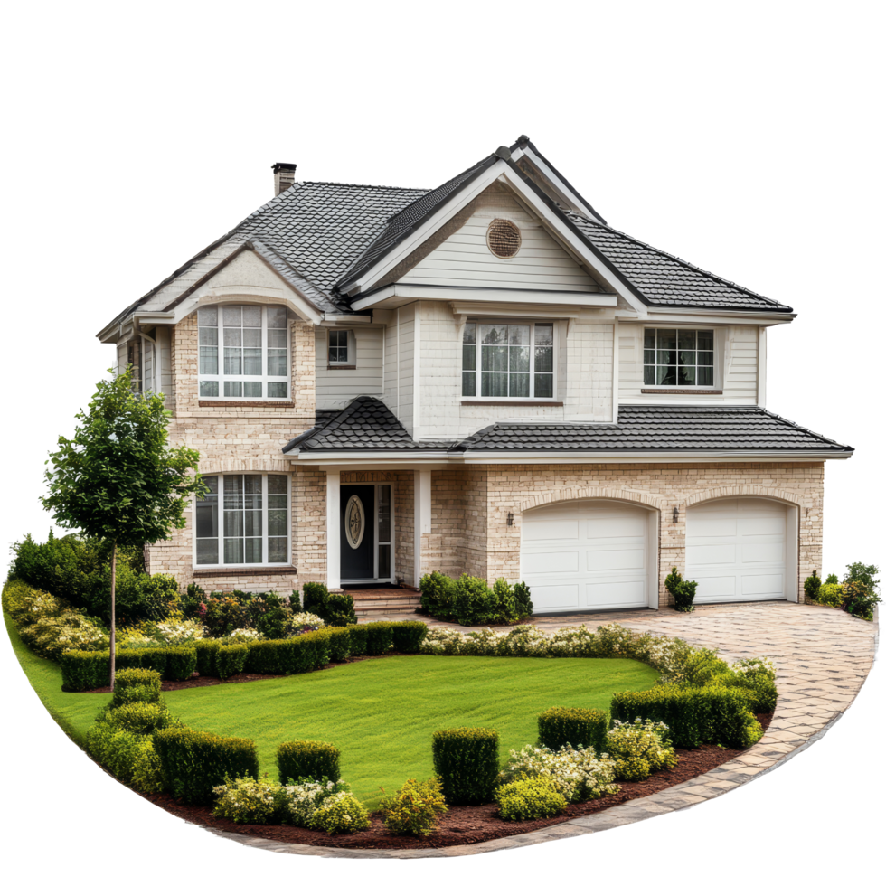 Beautiful twostory house with landscaped yard for sale in a suburban neighborhood, file no background Home sell and real estate concept png