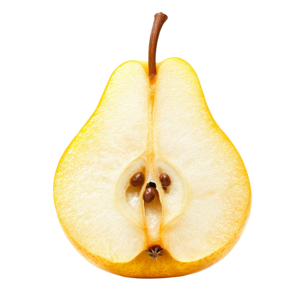 Half of a yellow pear fruit cut open, showcasing its juicy interior against a clean transparent background, Half of yellow pear fruit isolated on transparent background png