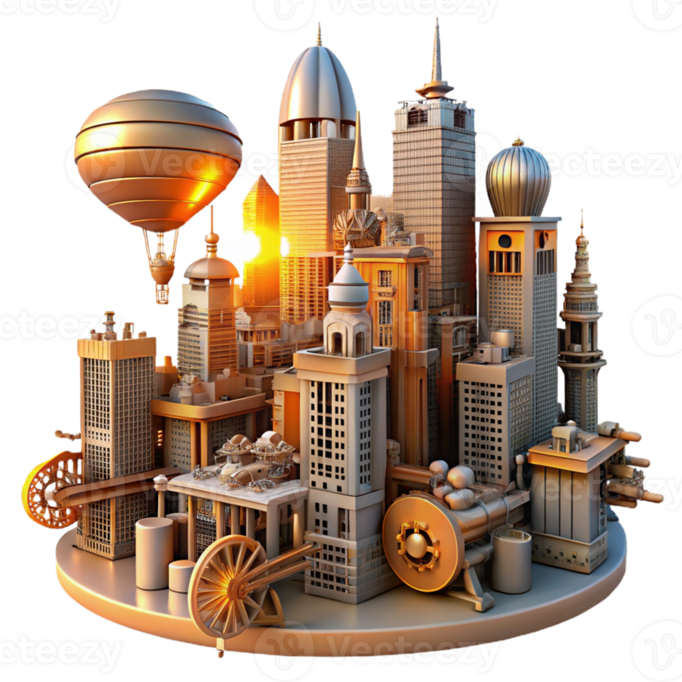 vibrant classic A steampunk cityscape with towering buildings and intricate airships, cogs and gears visible throughout, illuminated by a vibrant, orange sunset 4K png
