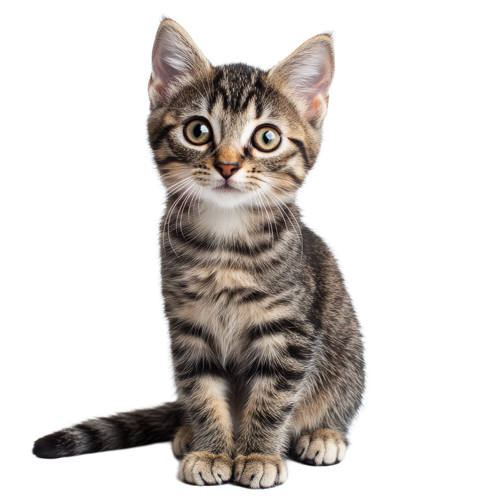 Young striped cat sitting confidently against a clean transparent background, showcasing its playful nature, Young cat on transparent background png