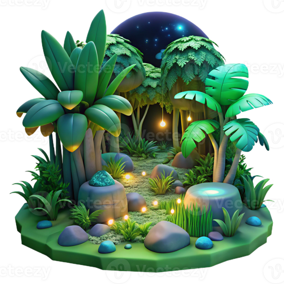 stunning classic A lush, green jungle teeming with colorful, bioluminescent flora and fauna, lit by moonlight filtering through dense canopy, dreamlike art style detailed png
